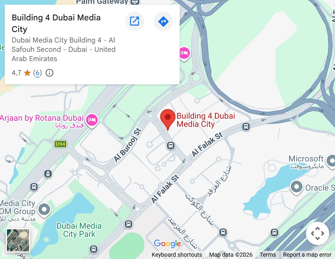 Map preview showing the TASC office in Dubai Media City